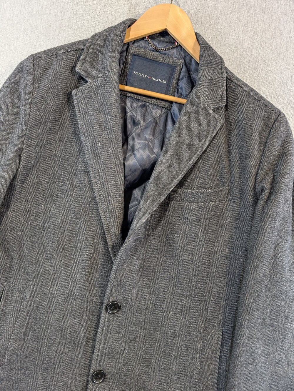 Tommy Hilfiger Wool Overcoat Men's Medium Herringbone Grey Black
